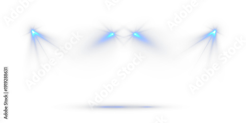 Blue stage spotlights with glowing beams and dramatic light rays isolated on transparent background.