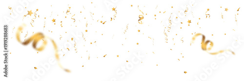 Golden festive confetti with curling ribbons and stars isolated on transparent background.
