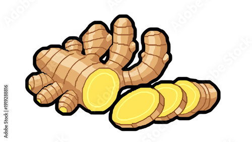 Fresh ginger root and slices, a healthy and aromatic spice for cooking and wellness