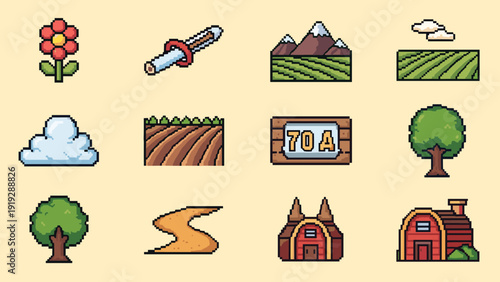 Pixel art collection of farm and nature elements for game development