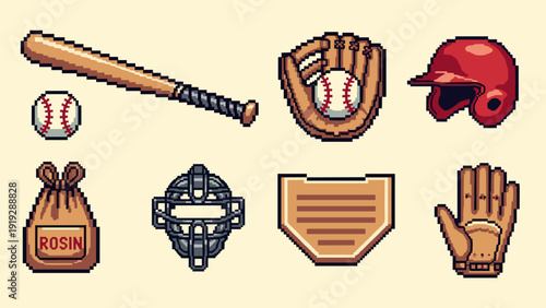 Pixel art baseball equipment collection including bat, ball, glove, helmet, and catcher's gear