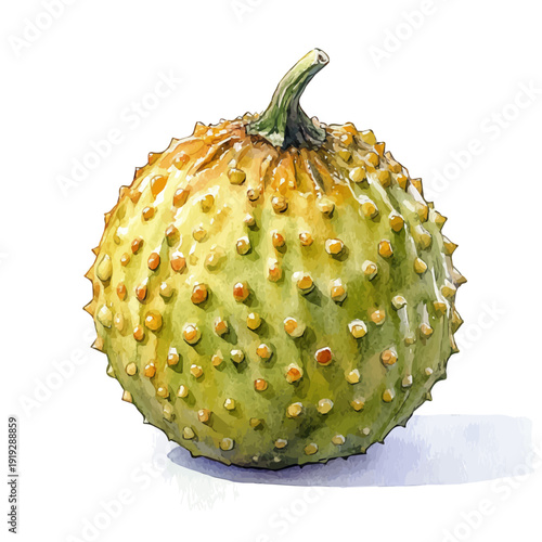 Horned Melon, elegant watercolor illustration luminous highlights, isolated on a white background.