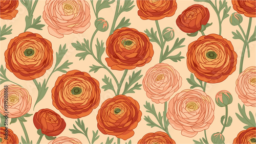 Vibrant and elegant seamless pattern featuring an array of blooming ranunculus flowers with lush green foliage on a light background, perfect for textiles and decor.