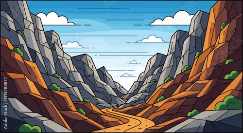 Vibrant cartoon landscape of a vast canyon with rugged rock walls and a winding path under a bright blue sky