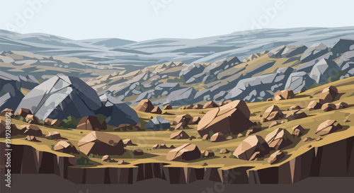 Stylized vast rocky terrain with rugged hills and valleys under a clear sky showcasing an arid natural environment