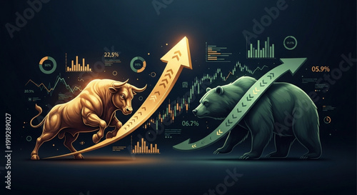 Bull and bear market symbols with rising arrows and financial charts on dark background representing stock market trends and economic growth