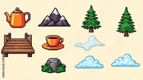 Pixel art collection of nature elements and cozy items for game design