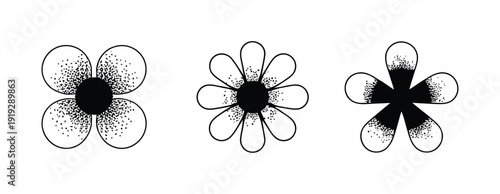 Floral outline vector illustration. Includes three different flower designs with varying petal counts and detailed shading. Created in black and white style.