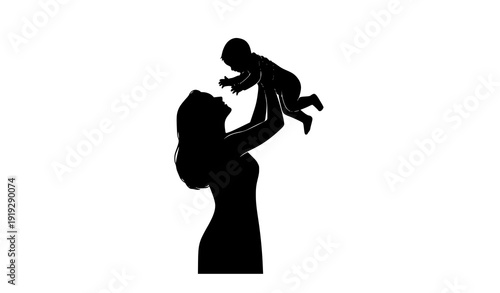 Minimal mother lifting baby silhouette vector on white background