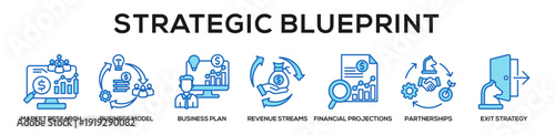 Blue - Strategic Blueprint web banner icon vector illustration concept for business with icon of Market Research, Business Model, Business Plan, Revenue Streams, Financial Projections, Strategic.