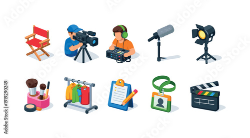 Film production flat icon set. Camera, director chair, microphone, clapperboard icons.