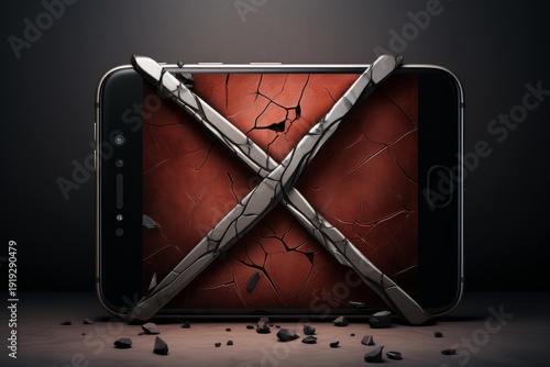 Smartphone displaying a cracked red screen and blocked with a large silver x mark