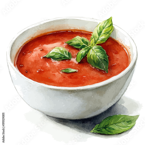 Gazpacho, cute watercolor illustration with intricate patterns and vibrant splashes, isolated on a white background.
