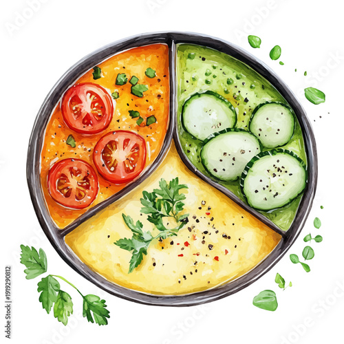 Gazpacho, cute watercolor illustration with intricate patterns and vibrant splashes, isolated on a white background.
