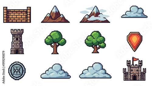 Pixel art game assets collection featuring castles, trees, mountains, and shields