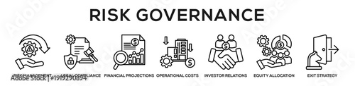 Line - Risk Governance web banner icon vector illustration concept for business with icon of Risk Management, Legal Compliance, Financial Projections, Operational Costs, Investor Relations, Equity.
