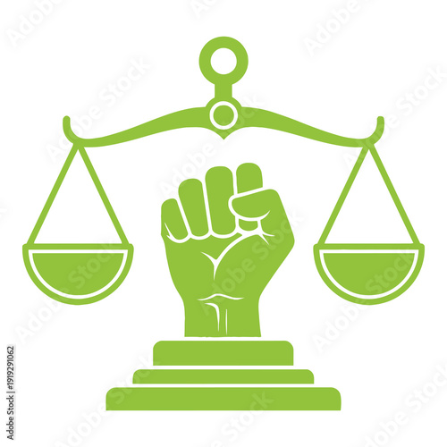 Green scale with a raised fist on a white background for justice and equality symbol icon