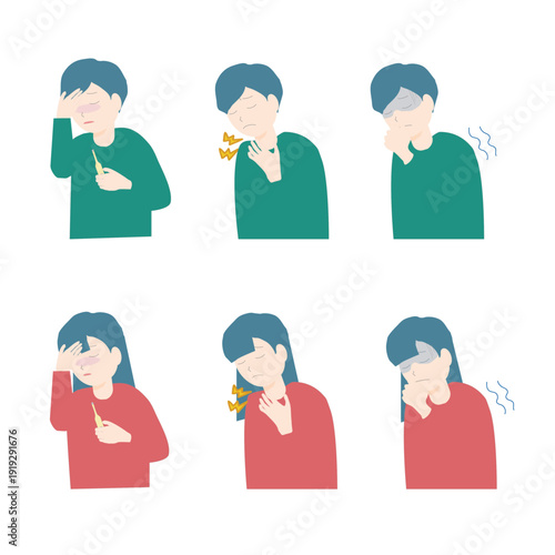  熱や寒気、喉の痛みがある体調不良の男性と女性のイラストセット