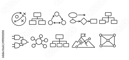 Business strategy outline icon set. Planning and organization line icons collection.