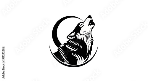 Wolf howling at moon black and white illustration