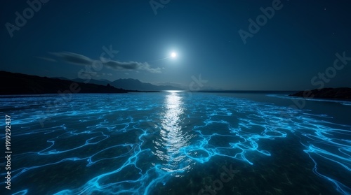Moonlit tidal lagoon with bioluminescent algae flow trails