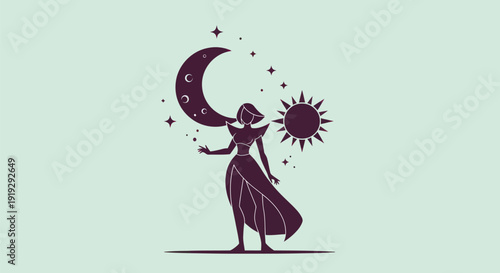 Woman silhouette with moon stars and sun