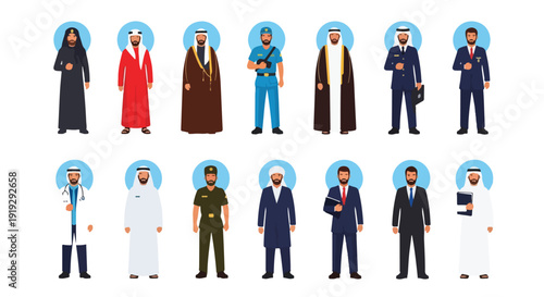 Collection of diverse Middle Eastern professionals and traditional figures in flat design style