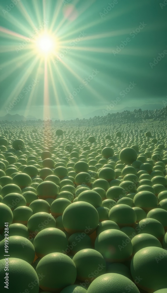 Obraz premium Green spheres fill the landscape under bright sun with distant trees in background