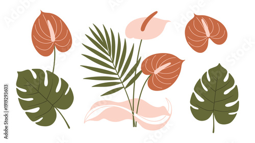 A vibrant collection of tropical anthurium flowers and monstera leaves, showcasing exotic botanical beauty with a modern, artistic flair on a clean background.
