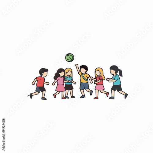 Group Of Diverse Children Playing With A Ball Outdoors On A Sunny Day In A Park With Green Trees And Blue Sky