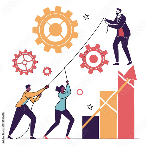 Business team working together to pull a rope and move gears and graph upward