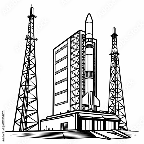 Black and white of a rocket on a launchpad space line space exploration