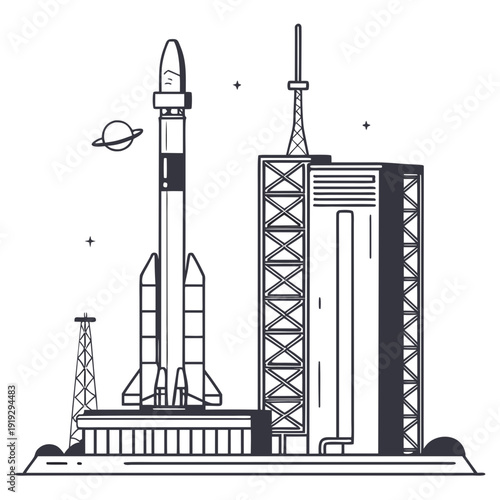 Black and white of rocket on launchpad with service tower