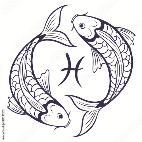 Black line of two fish forming a circle around pisces zodiac symbol