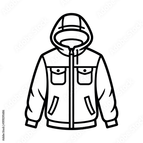 Outline drawing of a warm winter parka jacket with a protective hood and dual front pockets for cold.