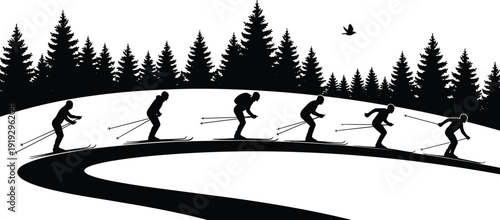 Black and white silhouette of cross country skiers on a snowy hill with pine forest background for winter sports and outdoor adventure design