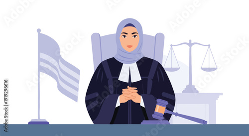 Professional Muslim woman judge in hijab sitting in a courtroom with gavel and scale of justice, representing law, equality, and modern legal system.