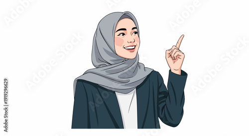 Happy Muslim Woman in Hijab Pointing Upwards, Smiling and Presenting an Idea, Modern Vector Illustration for Business and Education