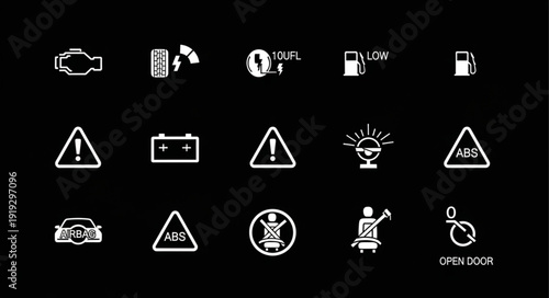 Collection of modern car dashboard warning lights and symbols.