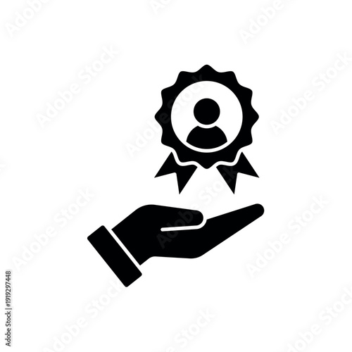 icon a reputation building with hand holding a quality badge, isolated against a clean background.