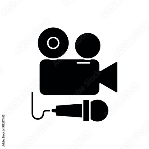 icon a media coverage with video camera and microphone, isolated against a clean background.