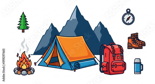 Camping gear and equipment for outdoor adventure travel hiking and backpacking in mountains including tent backpack boots and campfire