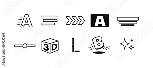 Typography enhancement flat icon set. Text styling, font effects icons in flat design.