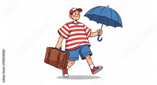 Boy walking with suitcase and umbrella on rainy day wearing red striped shirt and blue shorts carrying luggage