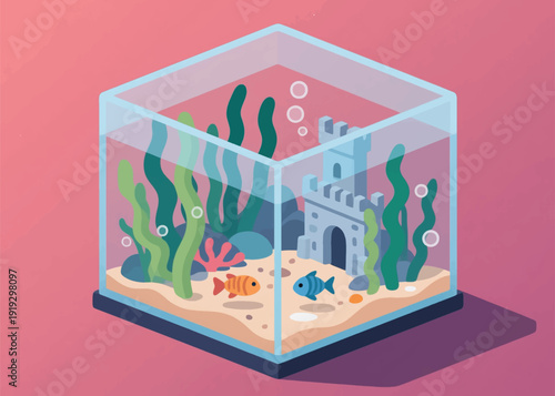 Small Fish in an Aquarium with Plants and a Miniature Castle Illustration Creative Design Template 