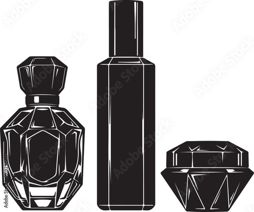 A futuristic vector silhouette skincare jar sitting on a glowing holographic glass surface, 3D render style mixed with photography, sharp edges, luxury cyber-beauty