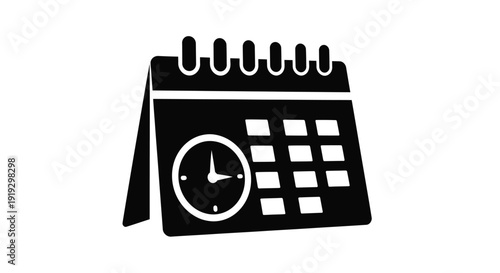 Black calendar icon with clock and dates a simple silhouette