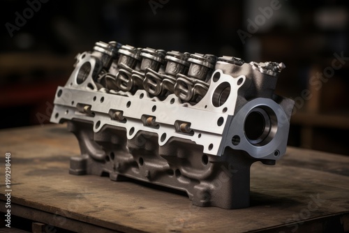 Brand new cylinder head assembly placed on a wooden workbench in a dimly lit mechanical workshop, ready for installation