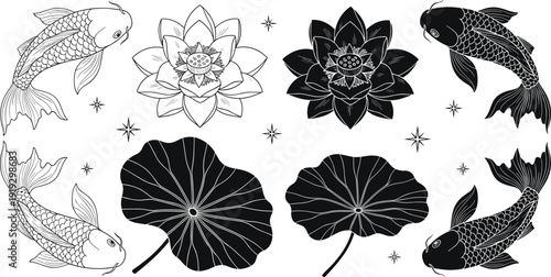 Traditional Japanese koi fish and lotus flower vector set with lily pads and stars for zen oriental tattoo design isolated on white background