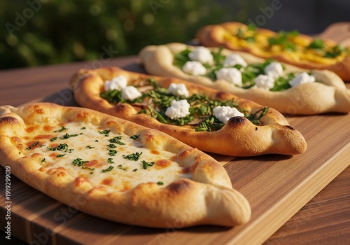 Wallpaper Mural Close up of a variety of turkish pide on a wooden board Torontodigital.ca